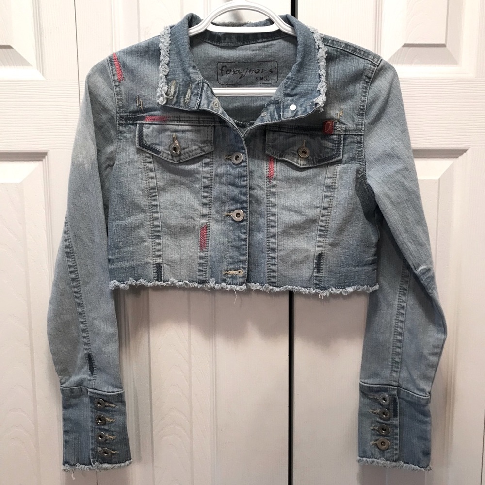 Foxy Jeans Cropped Distressed Denim Jean Jacket